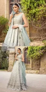 For the love of blue! A raw silk pale blue maxi with a heavy border is beautifully embroidered in silver colour. The maxi is enhanced with tilla, dabka, kora, Kundan, Sitara and detailing of resham. The round shape neckline is also beautifully decorated with silver embroidery to enhance the sleeveless style of the following maxi. It is paired up with a scalloped dupatta which is ornamented with four-sided borders and sequins sprayed all over in the same colour leaving you at the start of the Nikah event.