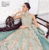 Be a fashion diva in this true modern classic Nikah outfit! The pale blue pleated maxi is handsomely adorned with multiple colour embroidery which is further enhanced with tilla, dabka, kora, Kundan and zardozi. The boat shape neckline makes a unique sense of the masterpiece when comes with sleeveless style. It is attractively organized with a dupatta in the same colour which is adorned with a four-sided border and enhanced with sequins sprayed all over to give you a modest look on your day.