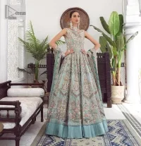Be a fashion diva in this true modern classic Nikah outfit! The pale blue pleated maxi is handsomely adorned with multiple colour embroidery which is further enhanced with tilla, dabka, kora, Kundan and zardozi. The boat shape neckline makes a unique sense of the masterpiece when comes with sleeveless style. It is attractively organized with a dupatta in the same colour which is adorned with a four-sided border and enhanced with sequins sprayed all over to give you a modest look on your day.