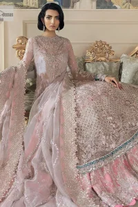Define your true self with an outfit that speaks for its beauty. DeemasFashion introduces this rose pink maxi which is beautifully hand-crafted with silver embroidery encapsulated with tilla, dabka, kora, Kundan ad zardozi. The upper side of the maxi is adorned with tiny floral motifs to give you a sweet treat on your Walima day. Further, the high neckline along with full sleeves intensifies the beauty of the outfit. It is paired up with sharara which is best for your walima day to give you a memorable and unique look. Complete this article with a dupatta in the same colour which is adorned with a four-side border to define your self-love.