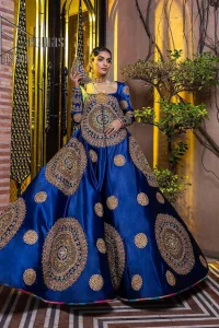 Embodying grace with iridescent glamour. This royal blue party outfit from DeemasFashion will turn heads. It is appealing with multiple colour embroidery all over which is further enhanced with tilla, dabka, kora and the real magic of zardozi. The square neckline of the fit and flare maxi will give life to your whole attire at any party. Further, the following maxi has full sleeves which are ornamented with handsome details of hand embroidery. The floral motifs also make the attire magnificent and more glorious which hits all the right hearts.