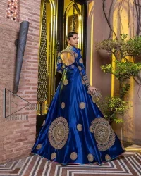 Embodying grace with iridescent glamour. This royal blue party outfit from DeemasFashion will turn heads. It is appealing with multiple colour embroidery all over which is further enhanced with tilla, dabka, kora and the real magic of zardozi. The square neckline of the fit and flare maxi will give life to your whole attire at any party. Further, the following maxi has full sleeves which are ornamented with handsome details of hand embroidery. The floral motifs also make the attire magnificent and more glorious which hits all the right hearts.