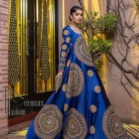 Embodying grace with iridescent glamour. This royal blue party outfit from DeemasFashion will turn heads. It is appealing with multiple colour embroidery all over which is further enhanced with tilla, dabka, kora and the real magic of zardozi. The square neckline of the fit and flare maxi will give life to your whole attire at any party. Further, the following maxi has full sleeves which are ornamented with handsome details of hand embroidery. The floral motifs also make the attire magnificent and more glorious which hits all the right hearts.