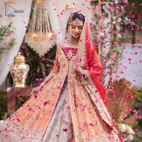 Shine bright in the sparkling ensemble from DeemasFashion. Introducing this reception outfit which begins with a rust pishwas.  This front