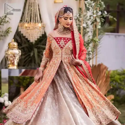 Shine bright in the sparkling ensemble from DeemasFashion. Introducing this reception outfit which begins with a rust pishwas.  This front