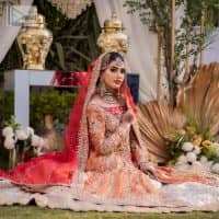 Shine bright in the sparkling ensemble from DeemasFashion. Introducing this reception outfit which begins with a rust pishwas.  This front en pishwas dipped in the richest shade of rust and is ornamented with golden embroidery which is further intensified with tilla, dabka, sequins and the real magic of zardozi. The strap neckline of the pishwas gives a unique aesthetic sense when comes with full sleeves. It is coordinated with an ivory lehenga whose border is embellished with golden embroidery. Finish this article with a dupatta framed with a four-sided embroidered border and sequin sprayed all over.