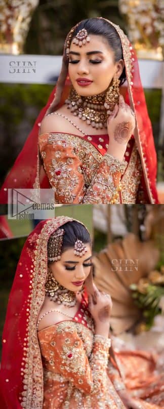 Shine bright in the sparkling ensemble from DeemasFashion. Introducing this reception outfit which begins with a rust pishwas.  This front en pishwas dipped in the richest shade of rust and is ornamented with golden embroidery which is further intensified with tilla, dabka, sequins and the real magic of zardozi. The strap neckline of the pishwas gives a unique aesthetic sense when comes with full sleeves. It is coordinated with an ivory lehenga whose border is embellished with golden embroidery. Finish this article with a dupatta framed with a four-sided embroidered border and sequin sprayed all over.