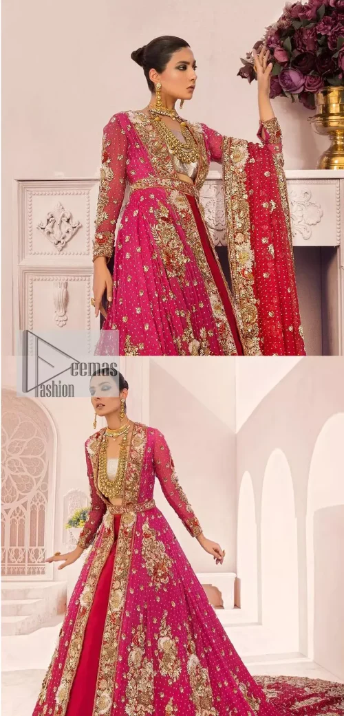 A maxi in a beautiful shade of shocking pink is deftly adorned with glowing tilla, dabka and pearls making this