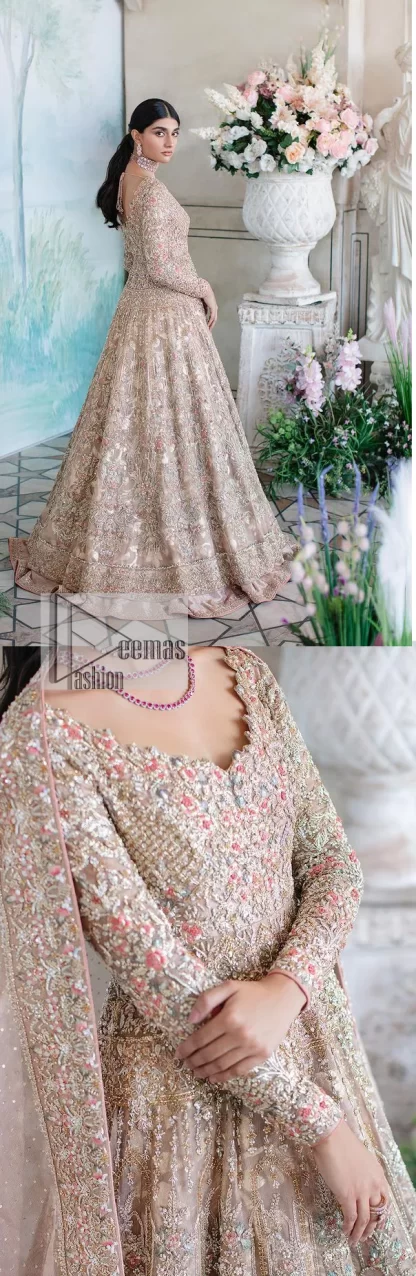 Make your Nikah look pop with the unique pieces from DeemasFashion. This pishwas is hand-embellished with multiple colour embroidery and lavish designs. Pearls, tilla, dabka, kora, zardozi and sequins give a glamorous touch to this Pishwas. The V neckline of the following pishwas archives a finished look. Further, the full sleeves balance the look of the outfit to make your day charming and beautiful. It is coordinated with floor length lehenga and is also embellished to make this stunning attire a breathtaking choice to wear on the most important day of your life. Finish this with a dupatta framed with four-sided borders and sequins sprayed all over.