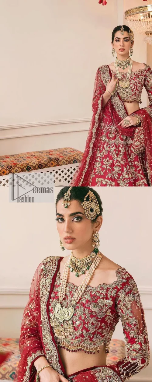 This outfit is a stand-out look for the Pakistani reception, this ensemble consists of a bright red-hued lehenga choli. This