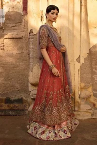 Get dreamy, get cosy and get ready for the party event. DeemasFashion presents coral frot open maxi with boat shape neckline. It is decorated with golden embroidery which enhances with tilla, dabka, kora, Kundan and the real magic of Zardozi. Fully worked half sleeves make this article so soothing and attractive. The following maxi is systemized with brocade sharara that has an ethnic charm and changes your appearance. Complete this article with a dupatta in the lilac colour framed with a four-sided border. The dupatta is enhanced with tiny floral motifs that give a charming finishing look to the dress.