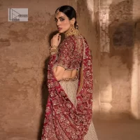 Keep it comfy and attractive with the best DeemasFashion reception wear! A silver flare lehenga encrusted with tilla, dabka, kora, Kundan and pearl work with heavily adorned silver and golden embroidery. The border of the lehenga has a beautiful red border to make it a unique masterpiece. The red blouse with V shape neckline is hand rendered with beautiful embroidery. In addition to this, the following blouse has half sleeves which is a simply stunning wedding dress. The look is completed with a beautiful, red organza dupatta with intricately hand embellished motifs and borders.