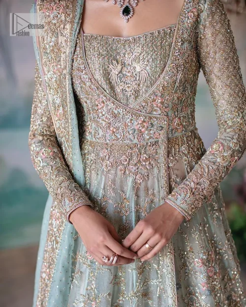 Unique embroidery designs to add some sparkle to your style on your Nikah! Light blue angrakha maxi with delicate multiple