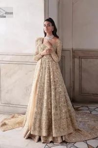 Ooze beauty and elegance in this simple yet amazing ensemble. This walima outfit in the off-white colour is a  magnificent look emblazoned with beautiful light golden embroidery which is further enhanced with tilla, dabka, kora, Kundan and the real magic of thread. The square neckline and full sleeves are unique in style and have classy look and perfect choice for the traditional bride. It is paired up with a lehenga which is adorned with beautiful embroidery. Father, the lehenga has a back-train to make this outfit lovely. Complete this with a dupatta framed with four-sided borders and sequins sprayed all over to add extra glam to this masterpiece.