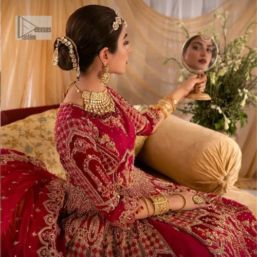 Enter the world of allurement with red shade, a gorgeous go-to dress for your big day to make you look