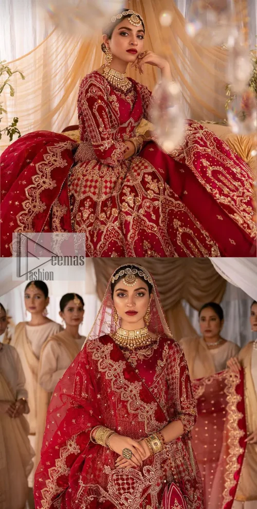 Enter the world of allurement with red shade, a gorgeous go-to dress for your big day to make you look