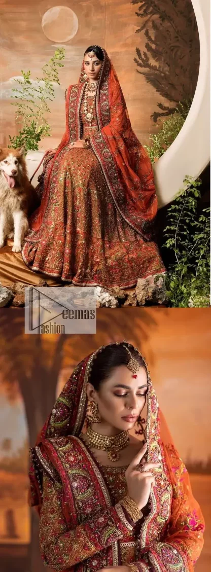 Blissful rust! This ensemble is the epitome of grace. DeemasFashion presents this beautiful mehndi outfit in rust colour to make your day super amazing. The flare maxi is attractively adorned with thread, kora, Kundan and the real magic of Zardozi. It is decorated with multiple colour embroidery to give you glam and gorgeous look. The round neckline and full sleeves are a finished way to make this masterpiece more attractive and charming. The following maxi is paired up with a dupatta in the same colour framed with a four-sided border to make the outfit graceful.
