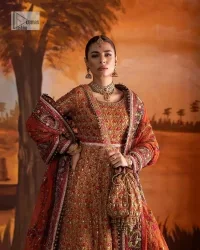 Blissful rust! This ensemble is the epitome of grace. DeemasFashion presents this beautiful mehndi outfit in rust colour to make your day super amazing. The flare maxi is attractively adorned with thread, kora, Kundan and the real magic of Zardozi. It is decorated with multiple colour embroidery to give you glam and gorgeous look. The round neckline and full sleeves are a finished way to make this masterpiece more attractive and charming. The following maxi is paired up with a dupatta in the same colour framed with a four-sided border to make the outfit graceful.