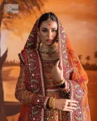 Blissful rust! This ensemble is the epitome of grace. DeemasFashion presents this beautiful mehndi outfit in rust colour to make your day super amazing. The flare maxi is attractively adorned with thread, kora, Kundan and the real magic of Zardozi. It is decorated with multiple colour embroidery to give you glam and gorgeous look. The round neckline and full sleeves are a finished way to make this masterpiece more attractive and charming. The following maxi is paired up with a dupatta in the same colour framed with a four-sided border to make the outfit graceful.