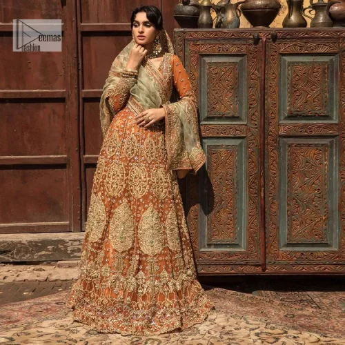 Let your dreams be your wings as your mehndi outfit. This rust heavy maxi features thoughtfully placed bold motifs all