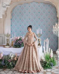 Make your Qabool Hai moment more memorable with this outfit by DeemasFashion. A dreamy statement of this dress proffers a soft pink hue with glamorous silver and golden embroidery.  It is further enhanced with tilla, dabka, kora, Kundan and the real magic of zardozi. V neckline enhances the overall glamour of this masterpiece. Intricate designs and fine details on the sleeves give a perfect finishing look to this maxi. The maxi is layered over a meticulously handcrafted lehnga which is bold enough to stand out in the crowd. Finish this article with a dupatta which is ornamented with four-sided borders and sequins sprayed all over which is a unique piece for your Nikah look.
