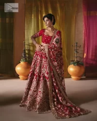 We are Introducing a wine red blouse and lehenga to our wide range of charming bridal dresses. The Pakistani reception Lehenga is an amalgamation of contemporary and traditional art which is decorated with golden embroidery. The embroidery is further enhanced with tilla, dabka, kora, Kundan and detailing of zardozi. It is paired up with a wine red blouse which is adorned with tiny floral motifs. The full sleeves of the blouse are heavily embellished to increase the beauty of the outfit. Further, the square neckline makes this blouse a unique masterpiece. Finish this with a dupatta with a four-sided embellished border and floral motifs all over.