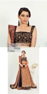 DeemasFashion presents this Party outfit which is an embellished masterpiece that wins everyone's hearts at the very first glance with its charm and elegance. The blouse in the oxford blue colour has laden with golden embroidery which makes this attire a head-turning masterpiece. Further, the square neckline is fully embellished with tilla, dabka, kora, Kundan, and pearls that is giving it a magical look. The strap neckline makes this outfit a little romantic but super charming. Paired up with a brocade lehenga which is embellished with a floral pattern to make your day. Complete this article with a dupatta, framed with a four-sided border.