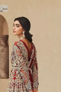 Classic and eye-catching! Made for stylish brides.  This reception wear in the bright red shade comes in a stunning open style and is hand-embellished with tilla,dabka, kora, Kundan and Zardozi details. The golden embroidery gives a royal touch to the dress. The V shape neckline gives you a dreamy appearance on the most important day of your life. Intricate designs and hand-crafted embellishments on full sleeves also make a look. It is systemized with a lehenga which has a huge flare and is adorned with embroidery. Complete this article with a dupatta framed with four-sided borders that is a perfect choice.
