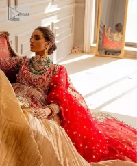 The magic of luxurious romantic outfits at your reception, giving out love and letting it come in. The Beautiful bright red short frock is adorned with classy golden embroidery and will look breathtaking on the traditional bride. The boat shape neckline makes this frock a glamorous choice to pair with the classy golden crushed lehenga. In addition to this, the following frock is enhanced with tilla, dabka, kora, Kundan and the real magic of zardozi. Crushed Lehenga paired with the Embellished frock enhances the overall Royal look of the outfit. The perfect stitching and crushed style make this Lehenga your first-ever priority. Complete this article with a scalloped dupatta that is embellished with four-sided borders and sequins sprayed all over.