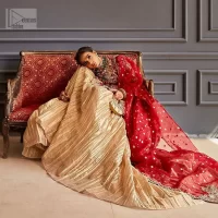 The magic of luxurious romantic outfits at your reception, giving out love and letting it come in. The Beautiful bright red short frock is adorned with classy golden embroidery and will look breathtaking on the traditional bride. The boat shape neckline makes this frock a glamorous choice to pair with the classy golden crushed lehenga. In addition to this, the following frock is enhanced with tilla, dabka, kora, Kundan and the real magic of zardozi. Crushed Lehenga paired with the Embellished frock enhances the overall Royal look of the outfit. The perfect stitching and crushed style make this Lehenga your first-ever priority. Complete this article with a scalloped dupatta that is embellished with four-sided borders and sequins sprayed all over.