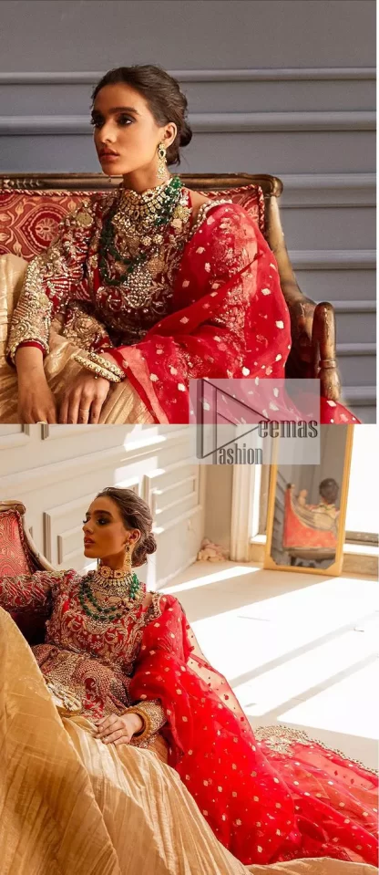 The magic of luxurious romantic outfits at your reception, giving out love and letting it come in. The Beautiful bright red short frock is adorned with classy golden embroidery and will look breathtaking on the traditional bride. The boat shape neckline makes this frock a glamorous choice to pair with the classy golden crushed lehenga. In addition to this, the following frock is enhanced with tilla, dabka, kora, Kundan and the real magic of zardozi. Crushed Lehenga paired with the Embellished frock enhances the overall Royal look of the outfit. The perfect stitching and crushed style make this Lehenga your first-ever priority. Complete this article with a scalloped dupatta that is embellished with four-sided borders and sequins sprayed all over.