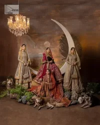 Experience the true essence of reception wear in alluring attires from DeemasFashion. The host pink pishwas is decorated with multiple colour embroidery which is handsomely enhanced with tilla, dabka, kora, Kundan and the real magic of Zardozi to make this masterpiece unique and charming. The finishing of boat shape neckline enhances the beauty of the attire. Furthermore, the full sleeves of the pishwas are a perfectly charming choice to pair with a Pishwas. It is coordinated with a jamawar lehenga whose border is adorned with beautiful embroidery. Complete this article with a dupatta framed with four-sided embellished borders and sequins sprayed all over.