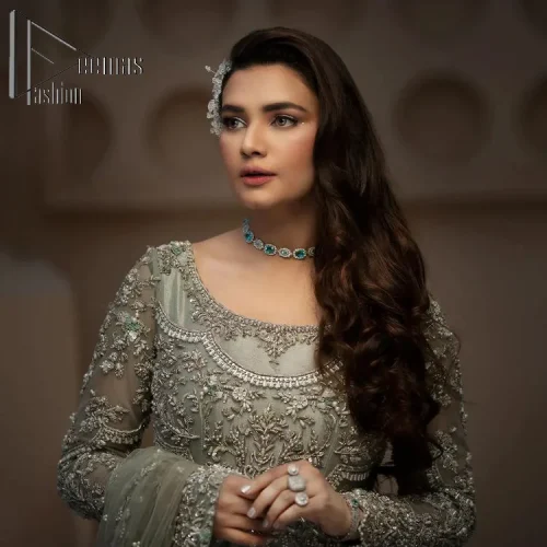 It was love at first swipe! Present this olive green back train maxi which is laboriously hand-rendered with silver embroidery