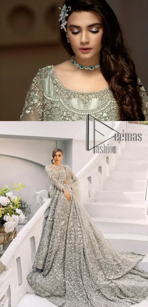 It was love at first swipe! Present this olive green back train maxi which is laboriously hand-rendered with silver embroidery