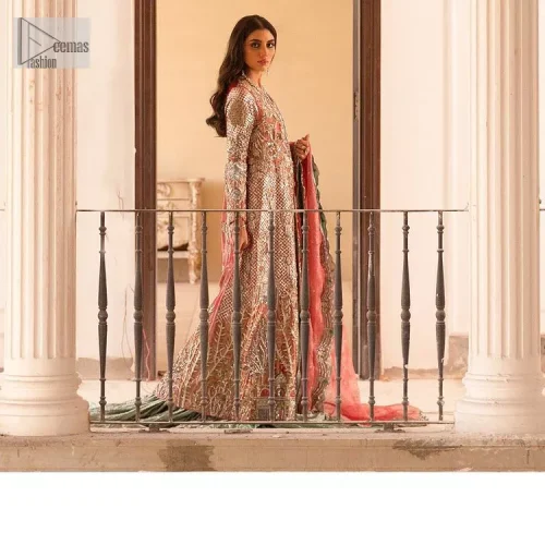 The latest elegant embroidered maxi in peach colour with magnificence embroidered work. The front open maxi is attractively laden with