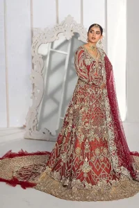 It’s all about looking stunning with a gorgeous Pakistani reception wear Red outfit. This beautiful red dress is designed with trendy full sleeves, following a back train maxi styled exquisitely with a floral pattern on sleeves. A sweeheart neckline makes your beauty bones prominent with a marvelous touch of light golden embroidery. It is paired up with light gold frilled lehenga which is enhance with tilla, dbka, kora, Kundan that is surely going to get you a lot of praise on your Big day. Giving it a final touch with dupatta, framed with a four sided borders and sequins sprayed all over to serve you with extraordinary grace.