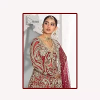 It’s all about looking stunning with a gorgeous Pakistani reception wear Red outfit. This beautiful red dress is designed with trendy full sleeves, following a back train maxi styled exquisitely with a floral pattern on sleeves. A sweeheart neckline makes your beauty bones prominent with a marvelous touch of light golden embroidery. It is paired up with light gold frilled lehenga which is enhance with tilla, dbka, kora, Kundan that is surely going to get you a lot of praise on your Big day. Giving it a final touch with dupatta, framed with a four sided borders and sequins sprayed all over to serve you with extraordinary grace.