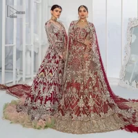 It’s all about looking stunning with a gorgeous Pakistani reception wear Red outfit. This beautiful red dress is designed with trendy full sleeves, following a back train maxi styled exquisitely with a floral pattern on sleeves. A sweeheart neckline makes your beauty bones prominent with a marvelous touch of light golden embroidery. It is paired up with light gold frilled lehenga which is enhance with tilla, dbka, kora, Kundan that is surely going to get you a lot of praise on your Big day. Giving it a final touch with dupatta, framed with a four sided borders and sequins sprayed all over to serve you with extraordinary grace.