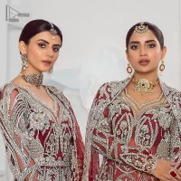 It’s all about looking stunning with a gorgeous Pakistani reception wear Red outfit. This beautiful red dress is designed with trendy full sleeves, following a back train maxi styled exquisitely with a floral pattern on sleeves. A sweeheart neckline makes your beauty bones prominent with a marvelous touch of light golden embroidery. It is paired up with light gold frilled lehenga which is enhance with tilla, dbka, kora, Kundan that is surely going to get you a lot of praise on your Big day. Giving it a final touch with dupatta, framed with a four sided borders and sequins sprayed all over to serve you with extraordinary grace.