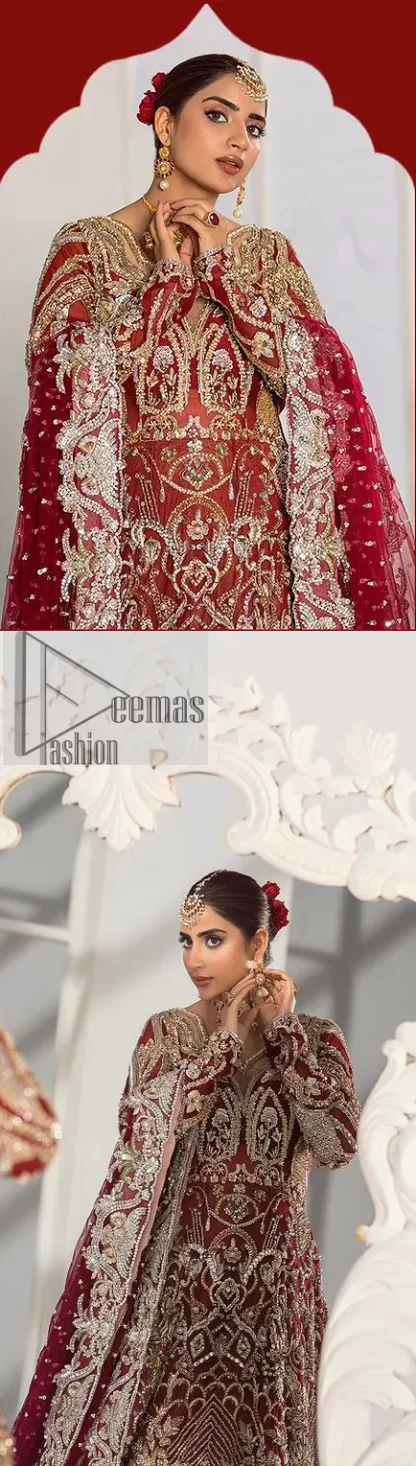 It’s all about looking stunning with a gorgeous Pakistani reception wear Red outfit. This beautiful red dress is designed with trendy full sleeves, following a back train maxi styled exquisitely with a floral pattern on sleeves. A sweeheart neckline makes your beauty bones prominent with a marvelous touch of light golden embroidery. It is paired up with light gold frilled lehenga which is enhance with tilla, dbka, kora, Kundan that is surely going to get you a lot of praise on your Big day. Giving it a final touch with dupatta, framed with a four sided borders and sequins sprayed all over to serve you with extraordinary grace.