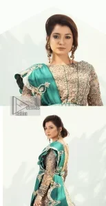 Celebrate your party with a bang and steal everyone's heart. The beautiful blouse in teal green shade comes in organza fabric. The boat shape neckline and full sleeves of this organza blouse are emblazoned with luxury details and intricate designs. Graceful golden embroidery that enhances with tilla, dabka, kora, Kundan, Zardozi and crystals to give a perfect finishing look to the blouse. It is organized with a back train lehenga which is heavily adorned with embroidery to make this masterpiece super aesthetic. Finish this outfit with a scalloped dupatta having four-sided embellished borders for a fine finishing look.