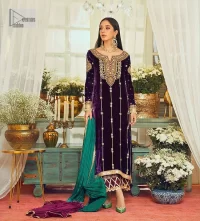 Dress yourself up in glamorous ensembles. DeemasFaashion presents this beautiful party outfit in plum colour. It is highlighted with golden embroidery which is further enhanced with tilla, dabka, kora, Kundan and the real magic of zardozi. The full sleeves are embellished with sequins spray and floral motifs. In addition to this, the embroidered neckline makes this outfit more pretty. It is paired with maroon trousers with beautiful and stunning borders to balance the article. Complete this article with a dupatta in green and plum colour to fulfil the aesthetic look. 