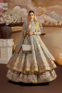 Enhance your beauty by dressing in magic. The most beautiful day of your life deserves an overall dome of embodiment, which is why you need an aqua-blue Anarkali to make you look stunning as a bride. The aqua blue, Anarkali and lehenga are hand-rendered in multiple colour embroidery and are further enhanced with pearls, nakshi, Sitara, tilla, kora, Zardozi and dabka.  The round neckline of the following Anarkali defines the beauty and charm of this unique article. Furthermore, the full sleeves are adorned with floral patterns. It is paired up with lehenga which is ornamented with a heavily embellished border to make this masterpiece unique. Complete this nikah wear with a dupatta adorned with four-sided embellished borders and tiny motifs sprinkled all over.