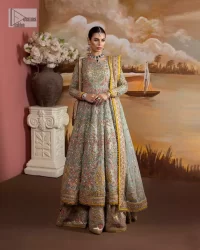 Enhance your beauty by dressing in magic. The most beautiful day of your life deserves an overall dome of embodiment, which is why you need an aqua-blue Anarkali to make you look stunning as a bride. The aqua blue, Anarkali and lehenga are hand-rendered in multiple colour embroidery and are further enhanced with pearls, nakshi, Sitara, tilla, kora, Zardozi and dabka.  The round neckline of the following Anarkali defines the beauty and charm of this unique article. Furthermore, the full sleeves are adorned with floral patterns. It is paired up with lehenga which is ornamented with a heavily embellished border to make this masterpiece unique. Complete this nikah wear with a dupatta adorned with four-sided embellished borders and tiny motifs sprinkled all over.