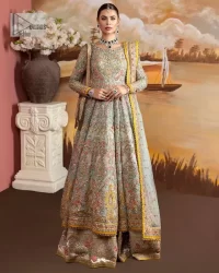 Enhance your beauty by dressing in magic. The most beautiful day of your life deserves an overall dome of embodiment, which is why you need an aqua-blue Anarkali to make you look stunning as a bride. The aqua blue, Anarkali and lehenga are hand-rendered in multiple colour embroidery and are further enhanced with pearls, nakshi, Sitara, tilla, kora, Zardozi and dabka.  The round neckline of the following Anarkali defines the beauty and charm of this unique article. Furthermore, the full sleeves are adorned with floral patterns. It is paired up with lehenga which is ornamented with a heavily embellished border to make this masterpiece unique. Complete this nikah wear with a dupatta adorned with four-sided embellished borders and tiny motifs sprinkled all over.