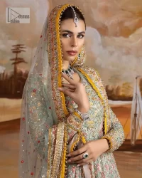 Enhance your beauty by dressing in magic. The most beautiful day of your life deserves an overall dome of embodiment, which is why you need an aqua-blue Anarkali to make you look stunning as a bride. The aqua blue, Anarkali and lehenga are hand-rendered in multiple colour embroidery and are further enhanced with pearls, nakshi, Sitara, tilla, kora, Zardozi and dabka.  The round neckline of the following Anarkali defines the beauty and charm of this unique article. Furthermore, the full sleeves are adorned with floral patterns. It is paired up with lehenga which is ornamented with a heavily embellished border to make this masterpiece unique. Complete this nikah wear with a dupatta adorned with four-sided embellished borders and tiny motifs sprinkled all over.