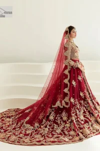 Be a dreamy vision in this reception wear. The beautiful pishwas in the bright red shade is embellished with intricate designs and fine details. It is enhanced with hand-crafted golden embroidery with details of tilla, dabka, kora, Kundan and magic of Zardozi. The round neckline and three-quarter sleeves feature a heavily crafted geometric pattern enhanced by cutwork detailing. The following front open scalloped pishwas is organized with a back train lehenga whose border is beautifully decorated with embroidery making it an epitome of beauty and grace. Furthermore, The embellished borders of the red scalloped dupatta give a perfectly glamorous look to the beautiful overall outfit. It is also intensified with sequins spray.