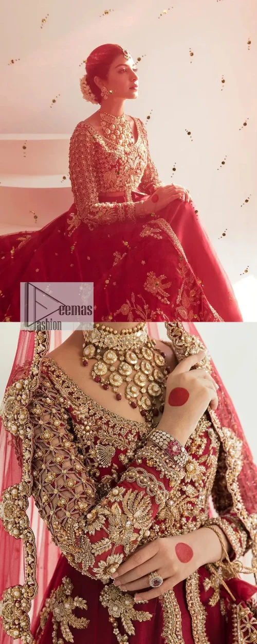 Be a dreamy vision in this reception wear. The beautiful pishwas in the bright red shade is embellished with intricate