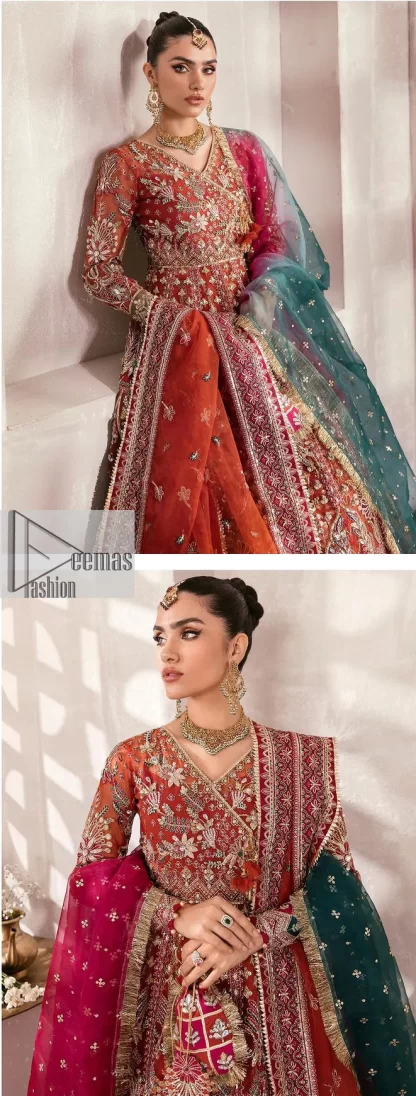 This deep rust outfit with a floral pattern has you covered for your big day. This deep rust angrakha is hand rendered in shades of multiple colours. The angrakha is decorated with gota, nakshi, dabka, and tilla in contrasting colours and is attached to hand-embellished panels. Further, the V shape neckline makes this masterpiece unique and priceless. The full sleeves of the following angrakha are a delightful way to add beauty to this mehndi wear. It is paired with a lehenga in the same colour having embroidered borders. Complete this traditional outfit with a dupatta in the green colour which is adorned with a four-sided Kiran and sequins sprayed all over.