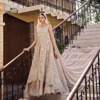 The subtle colour palette, delicate embroidery and eye-catching details. All in all a true style statement! Presenting this fawn maxi which is a luxuriously encrusted masterpiece is laden with tilla, dabka kora, stones,  and delicate Resham. The following front open scalloped maxi is adorned with silver embroidery to make your Nikah day remarkable. The embellished neckline along with the sleeveless style makes you a pretty and unique bride ever. Paired up this article with a sharara whose border is adorned with embroidery. Finish this outfit with a dupatta, framed with four-sided borders and sequins sprayed all over for attractiveness and marvellous details.